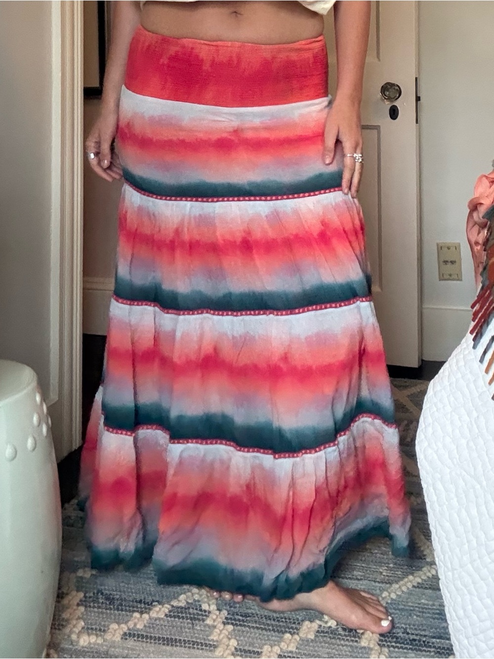 Blank London (anthropologie) Tie-Dye Tiered Maxi Skirt in Coral and Teal